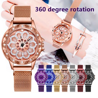 【Ready Stock】Women Magnetic Buckle 360° Rotating Dial Lucky Flower Watch