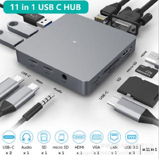 Docking station for MacbookPRO USB C HUB 11 IN 1 Type c Adapter USB C to HDMI 3.5mm Jack Audio SD TF HDMI VGA RJ45