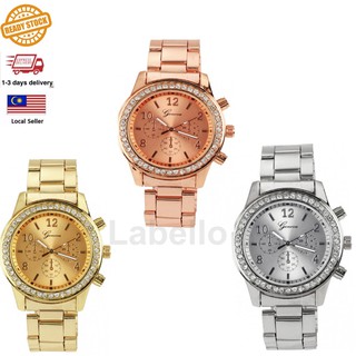 [STOCK CLEARANCE] Geneva Steel Elegant Quartz Watch Diamond Chronograph Women Watch Jam Tangan Wanita