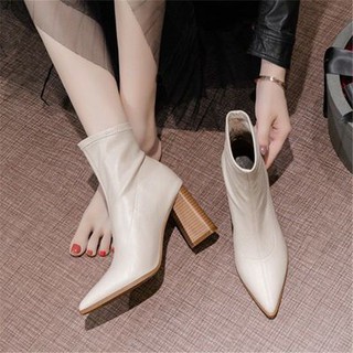 Short boots women's thick-heeled spring and autumn single boots 2020 winter new pointed high-heeled nude boots mid-tube