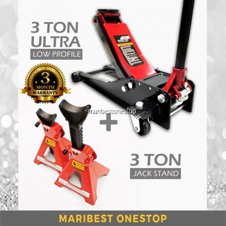 Combo 3 Ton Heavy Duty Ultra Low Profile Floor Jack and 3 Ton Jack Stand (BLACK)