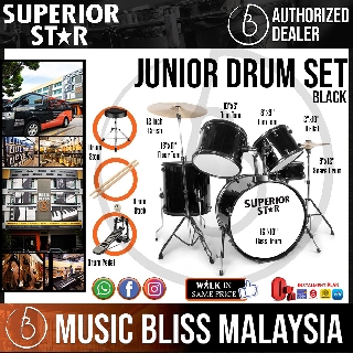 Superiorstar 5-piece Junior Drum Set with 16'' Bass Drum - Black *Include 3-pcs Cymbal Set , Drumsticks and Throne*