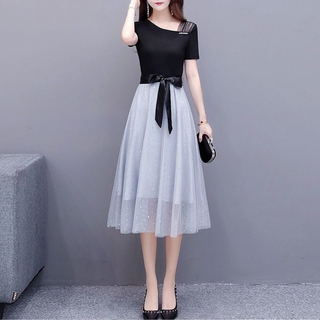 Women's New Fashion Mid-length Lace-up Mesh Dress and Cotton T-shirt Suit Two-piece
