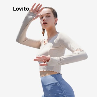 Lovito Sporty Solid Lettuce Trim Breathable Round Neck T-shirts L04011 (Nude)