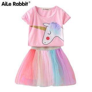 Baby Girls Clothes Set Unicorn Cotton Tshirt +Tulle Rainbow Tutu Skirt 34