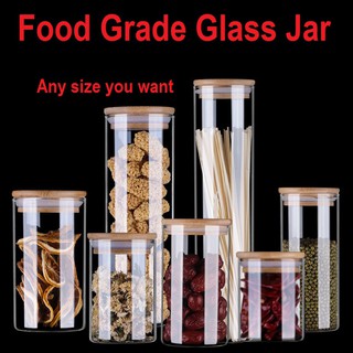 Food grade glass bottle bamboo cover sealed pot glass jar large capacity storage tank household small grain kitchen box multi-function