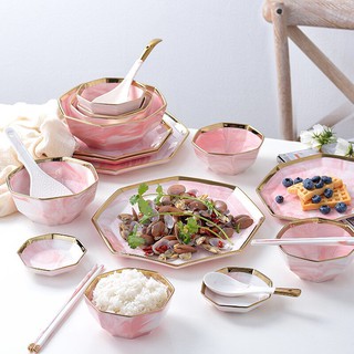 ⊕๑♚Gold Gray Pink Marble Dinner Plate Set Ceramic Kitchen Plate Tableware Set Food Dish Rice Salad Noodles Bowl Soup Kit