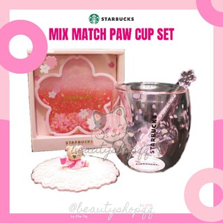 🌸Starbuck Kawaii Paw🐾 Cup+ Stir (Crystal💎 Inside)+ Coaster (Glitter)🌸