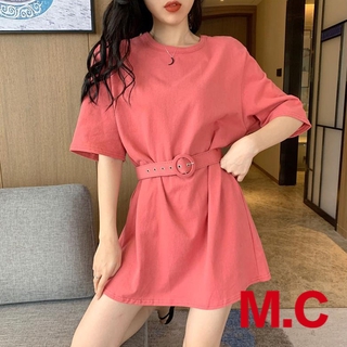 ★mengcstore★【S-3XL】with Belt~Summer New Women's RetrochicSolid Color Loose Mid-Length Short SleeveTWomen's Cotton Dress Short-Sleeve AWord
