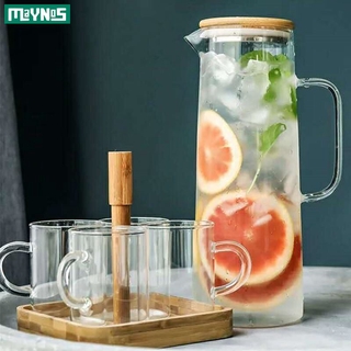 1.7L Glass water Pitcher Teapot With Handle for with Bamboo Lid, Drip-Free Glass Pitcher for Hot/Cold Water, Ice Tea and Juice Beverage