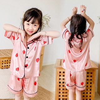 Summer Kids Sleepwear Set Girls Cotton Strawberry Print Pajamas Homewear