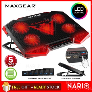 NARIO [ CLEAR STOCK ] MAXGEAR 5X STRONG FAN LED 2 USB 12-17" Laptop Cooler Fan Laptop Stand Cooling Pad 5 Fan 手提电脑散热风扇