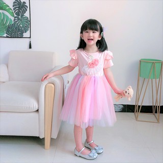 New product girl's dress summer short-sleeved cotton swan rainbow puffy mesh princess dress birthday party dress