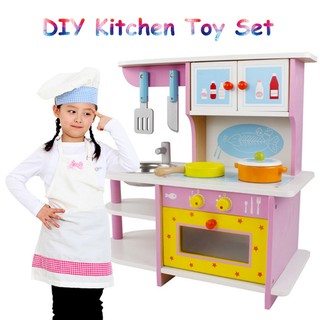 Hot！Large Pink Girl Kid Kitchen Role Play Set Pretend Toy DollHouse Wooden Furniture