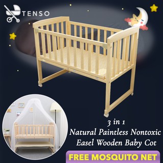 【Free Mosquito Net】 TENSO HA222 Single Tier 3 in 1 Natural Paintless Nontoxic Easel Wooden Baby Cot and Cradle