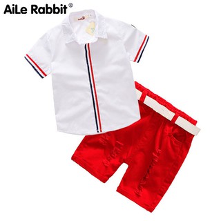 Summer Children's Clothing Set Boys 3pcs Suits T Shirts Shorts Belt Bow Sports