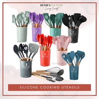 Silicone Kitchen Cooking Utensils With Wooden Handle and Bucket (Set of 12) I Set Senduk Silikon