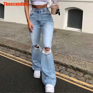 [Thousandhot] Flare Pants Female Women'S Jeans Large Women Jeans Pants High Waist Mom Ripped Jeans Stright Trousers