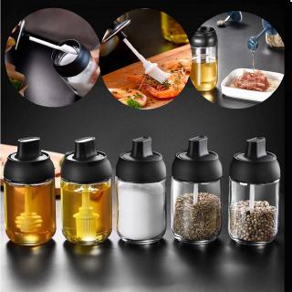 Glass Seasoning Tank Condiment Containers Home Kitchen Seasoning Bottle Dispensers with Spice Jars Honey Bottle Oil Brush Bottle Kitchen seasoning box with Spoon Moisture-Proof Cruet Household Sealed Storage Spice Jars