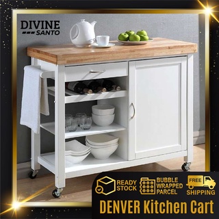 *READY STOCK* DENVER Kitchen Cart/Island with Solid Rubber Wood(Thick Top) | Made In Malaysia | Bubble Wrapped |