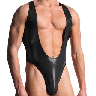 Men's Sexy Lingerie Open-chested faux leather one-piece underwear vest Black pat