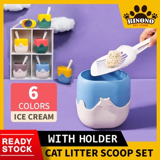 Cat Litter Scoop with Holder Ice Cream Theme Kitty Scooper Set, Fish-Shaped Sifter, Poop Sifting Penyodok Pasir Kucing