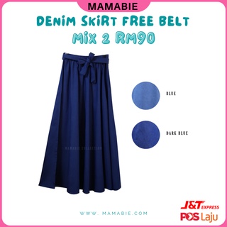 Denim Skirt Free Belt Kembang Tak Jarang Skirt Jeans Labuh Flowly Denim Skirt Flowly Skirt Denim Flare mamabie2u