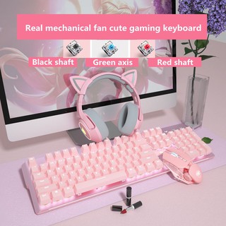 Ready Stock Basic Pink Gaming Mechanical Keyboard RGB Backlight USB Wired Keyboards Head Phone For Girl Lady
