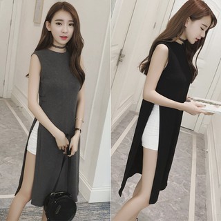 Korean Fashion Women Sleeveless High Split Midi Elegant Slim Dress