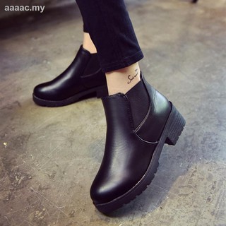 READY STOCK💝 Women Leather Low Flat Block Heel Chelsea Ankle Boots Shoes