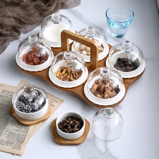 European High-End Ceramic Snack Bowl / Tea Time Bowl / Mini Baking Bowl With Wooden Tray with Handle & Glass Cover