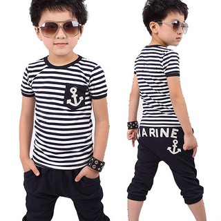 Cali☆Fashion Boys Navy Striped T-shirt with Pants Kids Summer Clothing Suit