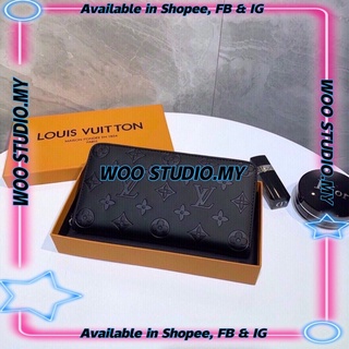 LV_Vintage Embossed Monogram Pattern Unisex Couple Leather Black Long Zip Wallet + Free Box (EL105-0)