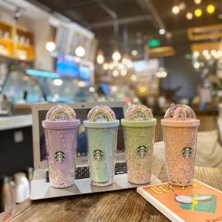 Starbucks 2020 Limited edition Starlight Cup with gradated sequin arch cover double plastic rainbow straw drinking cup 450ML