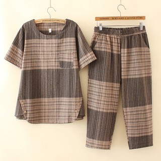 【yu】Plus Size Suit Female Summer Korean Style Plaid Blouse + Casual Pants Loose Two-piece Suit