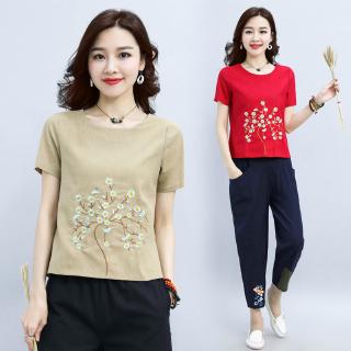 Plus Size Women's T-shirt Retro Cotton and Linen Embroidered Comfortable Short-sleeved Loose Top (1)