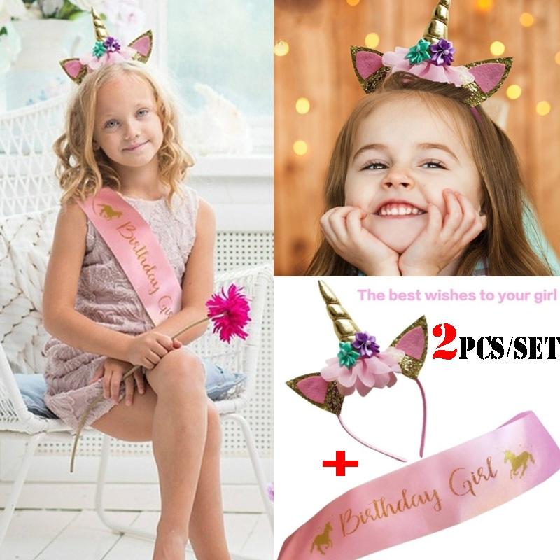 1Set Pink Birthday Girl Gold Glitter Unicorn Headband+Satin Sash Party Decor