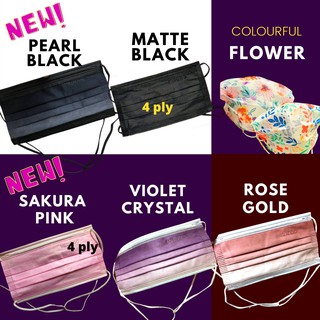 READYSTOCK 3 ply adult disposable headloop face mask face shield rose gold violet crystal bunga floral design black mask