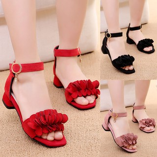Ready Stock Kids Girls Fashion Sandals Princess Shoes High Heel Suede Leather Soft
