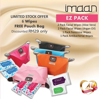 Ready Stock + Free Gift: EZ PACK IMAAN WIPES/ALOE VERA/ARGAN OIL/ANTI BACTERIAL:Cleanser/makeup Remover(6 Pack)