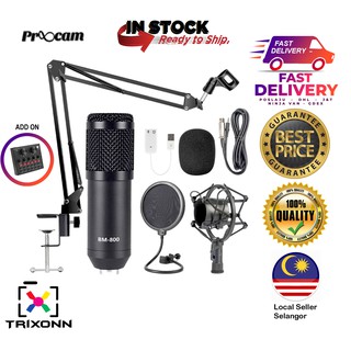 Proocam BM800 Microphone Vocal Stand Kit Broadcast Condenser Studio Mic LIVE streaming PC recording singing Sound card