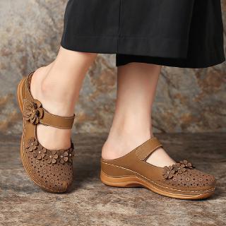 Women Sandals Plus Size Vintage Closed Toe Flat Bottom Round Head Casual Wedge Sandals