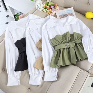 Women's New Korean Fashion V-neck Loose Stitching Long-sleeved Fake Two-piece Casual Shirt