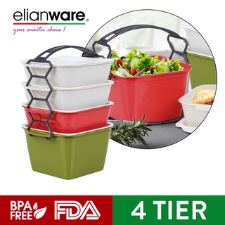 Elianware 4 Layer Tier Microwaveable [BPA FREE] Square Tiffin Food Carrier Lunch Box with Cariolier