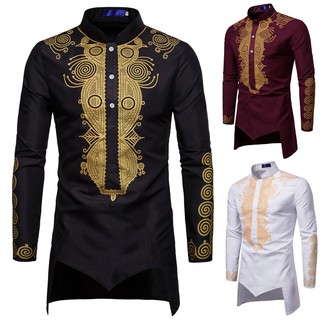 🔥Ready Stock🔥Men's Autumn Winter Luxury African Print Long Sleeve Dashiki Shirt Top Blouse