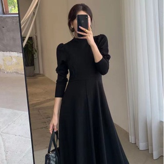 Ready Stock🌈Woman Long-Sleeved Muslim Skirt Panjang Solid Color Black Temperament Dress（S-2XL SZ）Perempuan Wanita