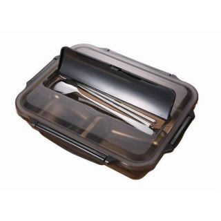 Lunch Box Bento ★READY STOCK★304 stainless steel square lunch box - BLACK FOC stainless steel chopsticks fork spoon