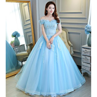 S~3XL Blue Off Shoulder Fairy Floral Wedding Bridal Costume Dinner Prom Dress #8