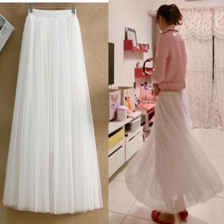 (Ready Stock) Women Tulle Mesh Full Skirt Elastic High Waist 3 Layers Pleated Maxi Long Dress
