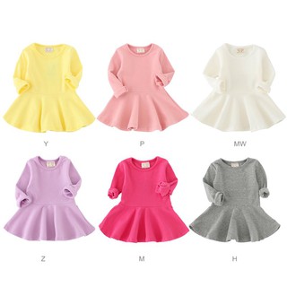 Kids Baby Toddlers Girls Solid Cotton Long Sleeve Dresses